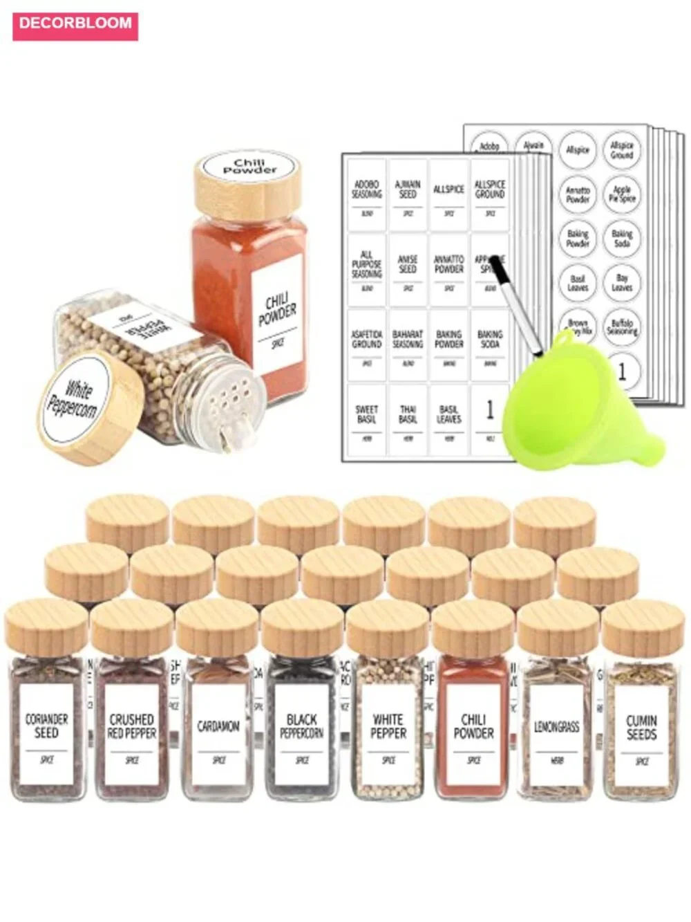 24 Glass Spice Jars with Bamboo Lids & Shaker Lids, 4 oz